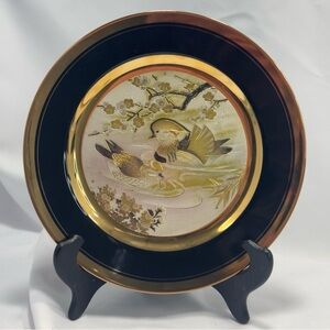 Vtg The Art of Chokin 24K Gold Rim Porcelain Plate Black Edge w 2 Ducks Mallards